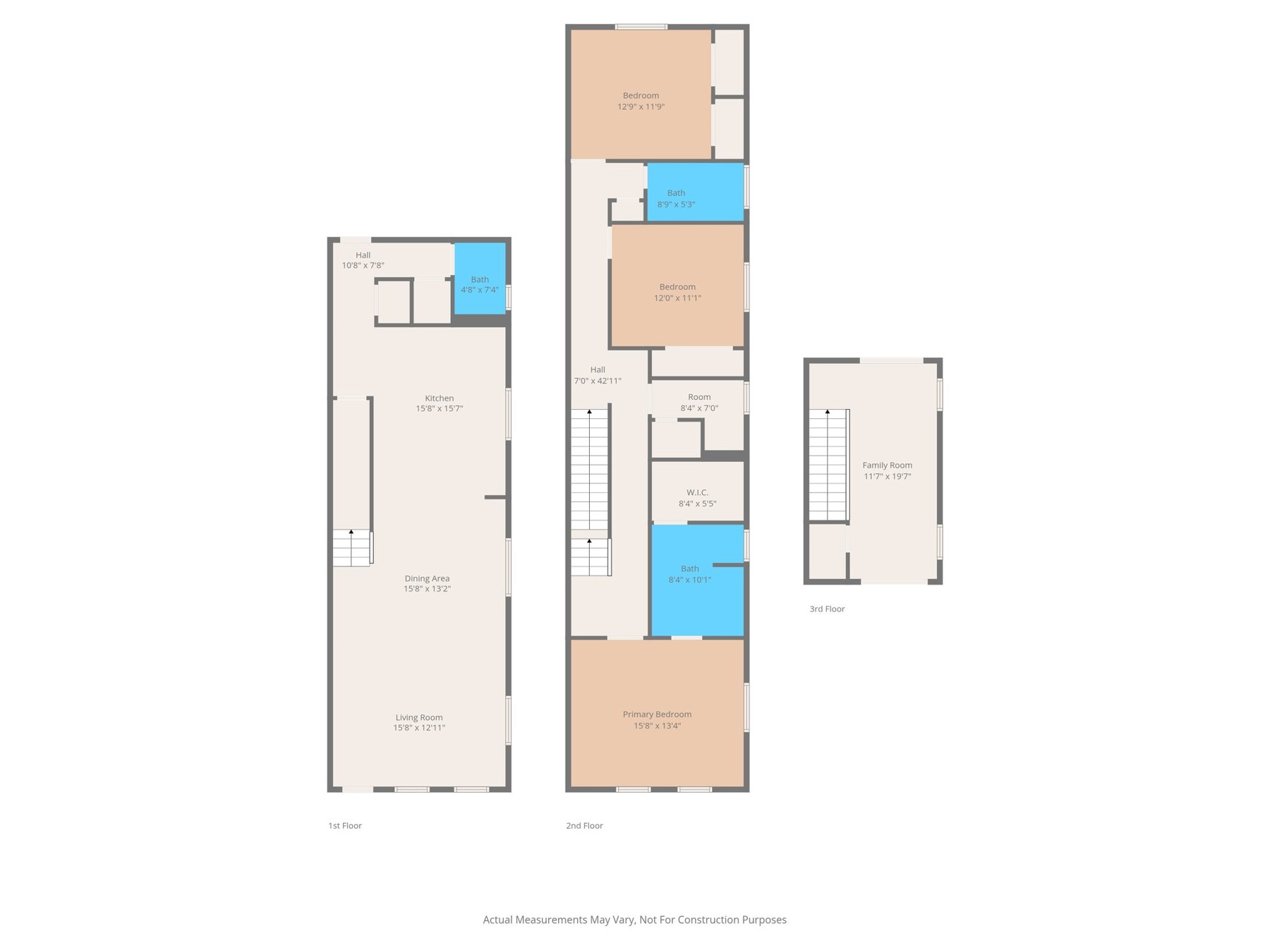Measured floor plan overview of the three level townhome