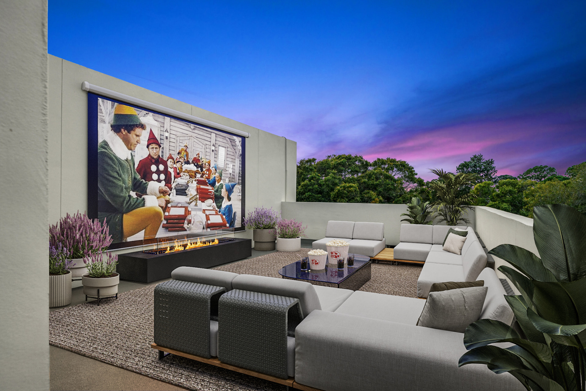 Outdoor cinema screen and linear fire feature on a private rooftop terrace at Latitudes in the Park, Pinellas Park FL