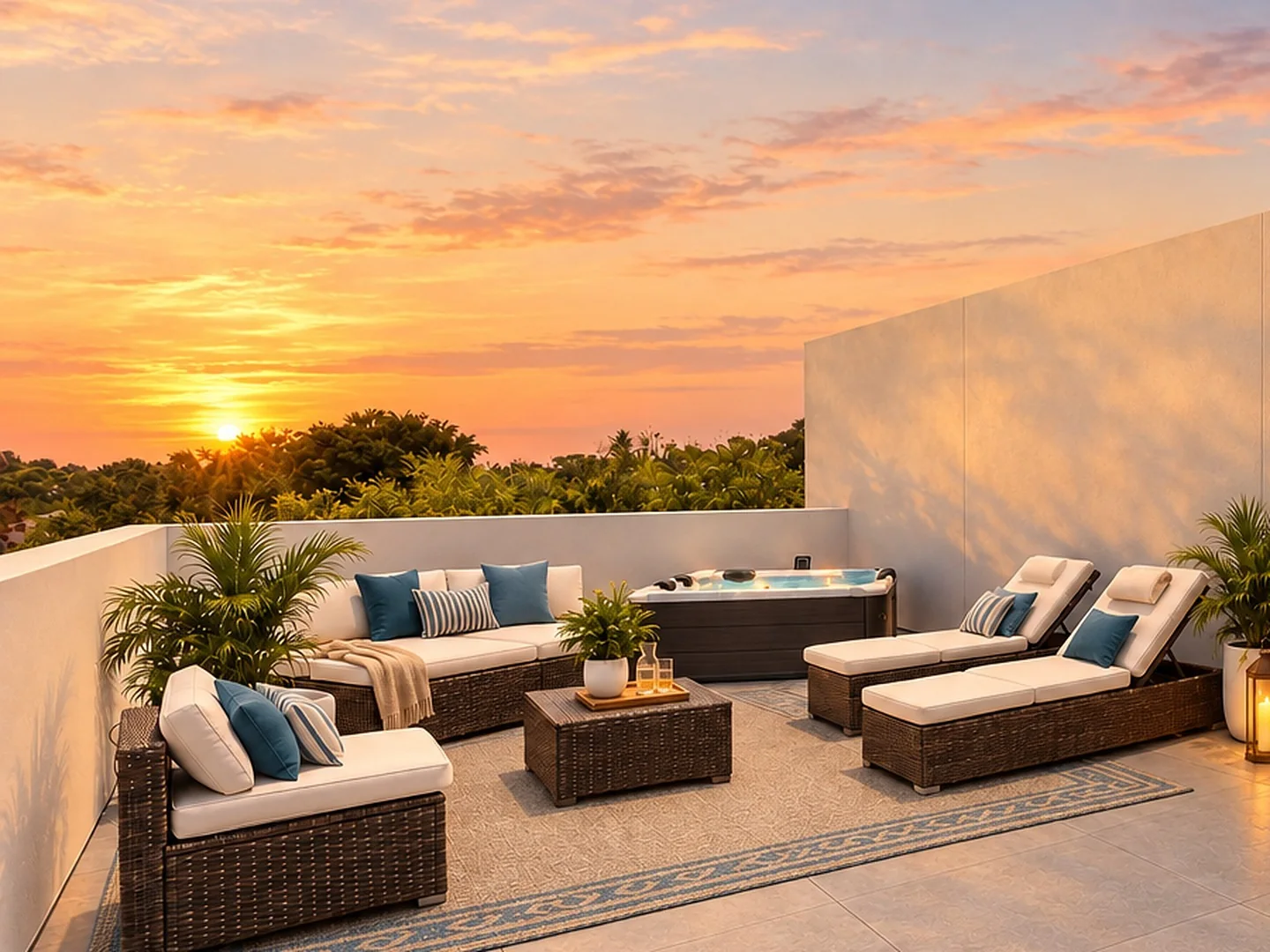 Street-level view of Latitudes in the Park at sunset in Pinellas Park, Florida, with private rooftop terraces above three-story facades