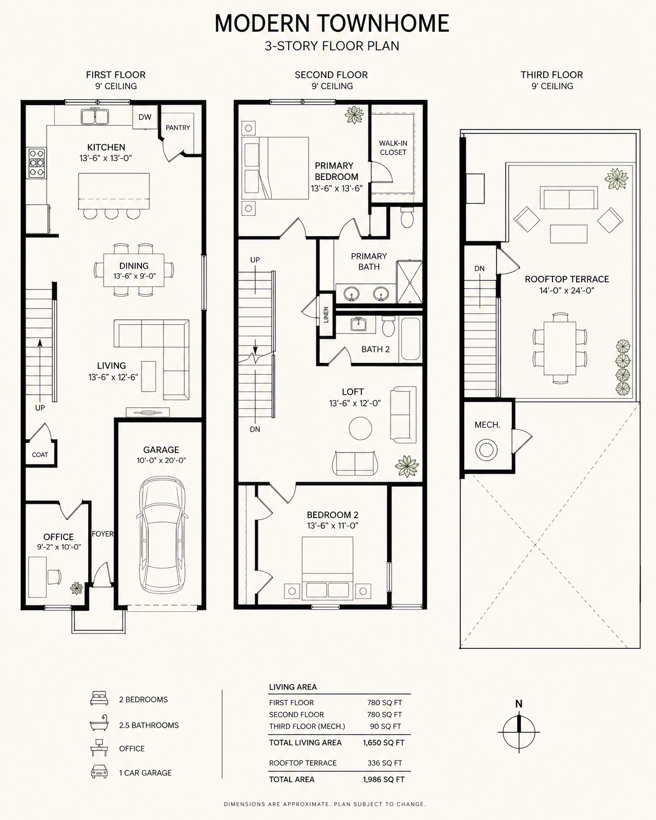Interior Residence floor plan diagram, 2 bed, 2 full + 2 half, 2,350+ sqft
