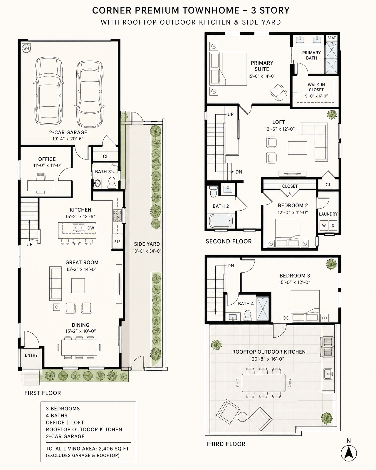 Premium Rooftop Residence floor plan diagram, 3 bed, 2 full + 2 half, 2,600+ sqft